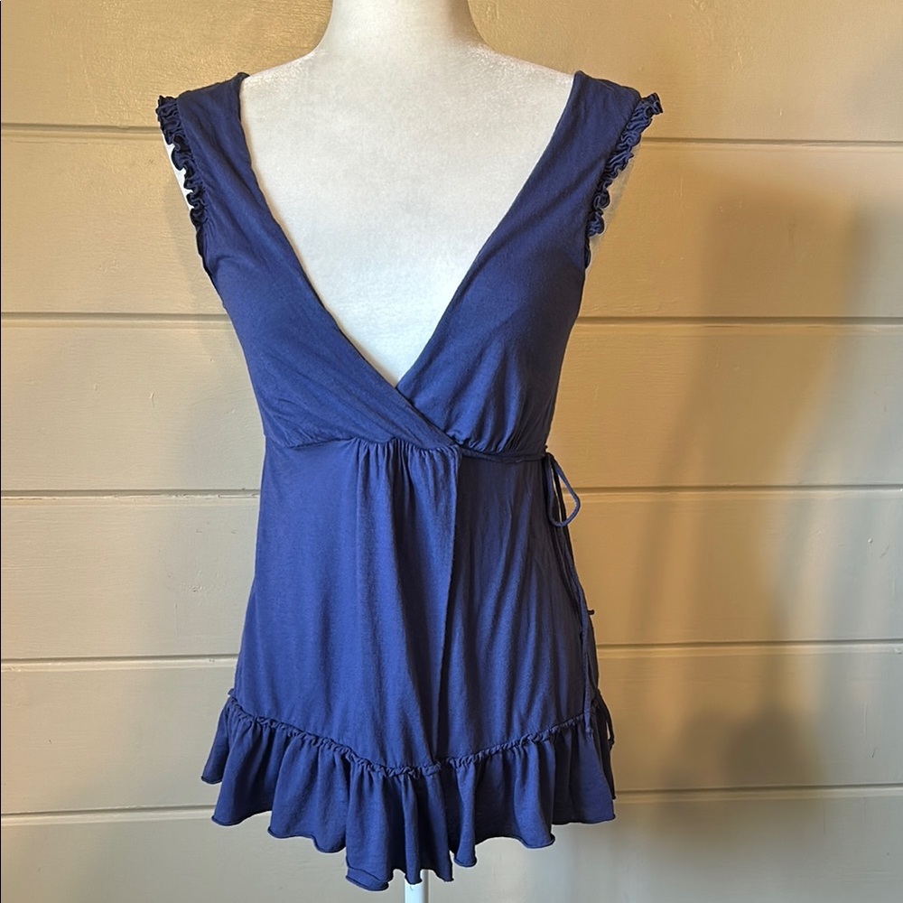 Rare Ella Moss Navy Deep V-Neck Ruffle Faux Wrap Tunic Top Size Small